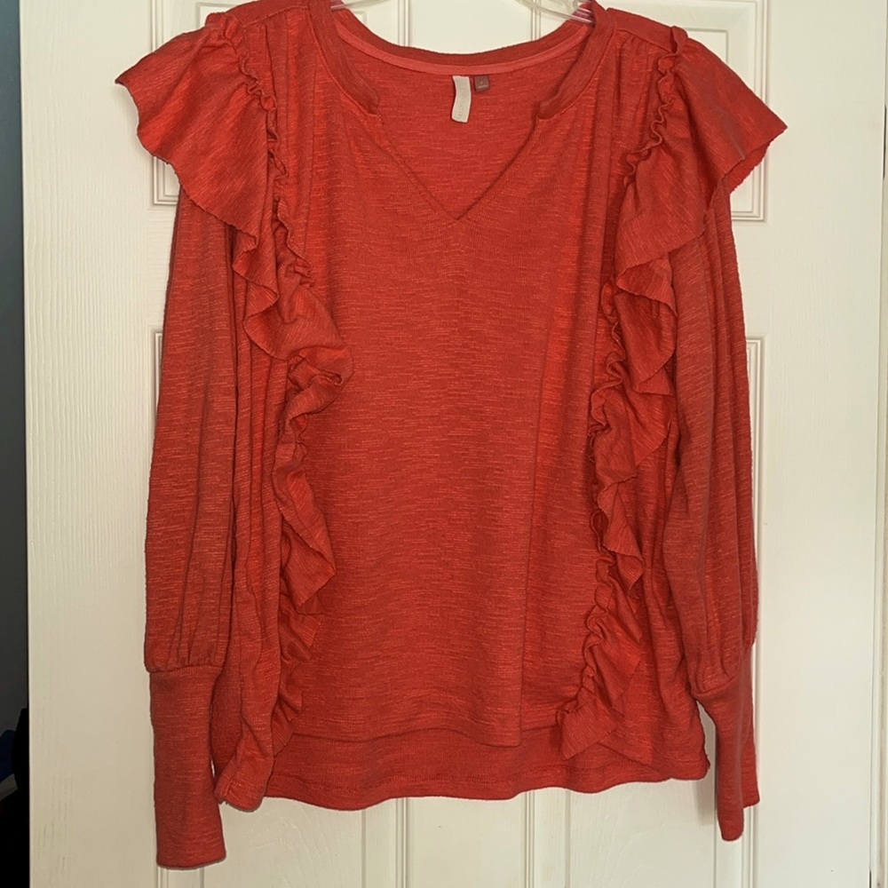 Anthropologie Pilcro Popover Top Ruffle Sweater V-neck Orange/Salmon Size L
